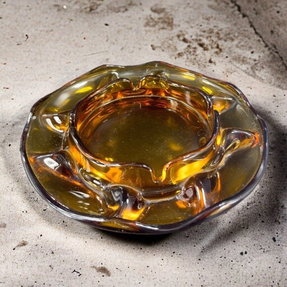 1960s Vintage Amber Glass Ashtray Dish Wavy Edges Vintage Glass Decor 8 In Wide - Picture 4 of 15